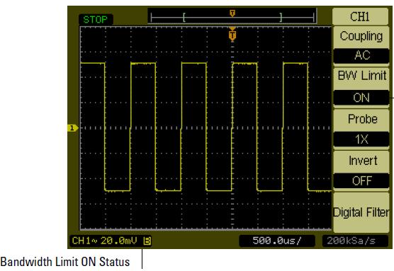Oscilloscope (26) DSO3202A Connection control - pushing the button to the right of Coupling you can choose between three possible connections: AC for a connection via capacitor (display the AC