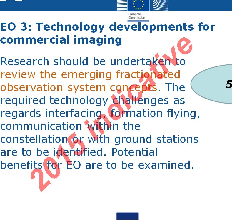 EO 3 2015 EO 3: Technology developments for commercial imaging Research should be undertaken to review the emerging fractionated observation system concepts.