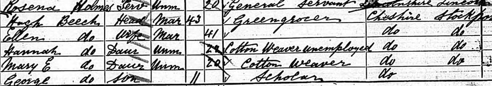 The first census on which she appears is the 1881 Census and at that time she was living at 159, Glodwick Rd., Clarksfield, Oldham, with her parents and some of her siblings.