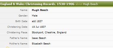 The following Christening record was also found on Ancestry, which is another indication that Hugh s father was called Is