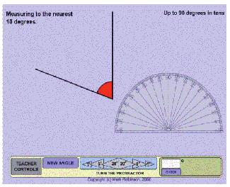 What s My Angle? Click on the button next to the activity you want to practise. These examples show the Measure up to 90 degrees in tens activity. The screen shows an angle up to 90.