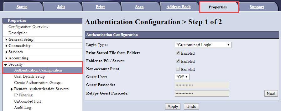 2. Navigate to Properties > Security > Authentication
