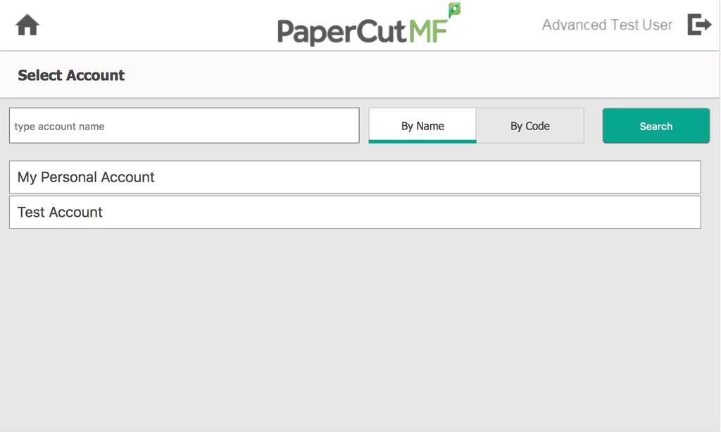 Verify that the PaperCut MF Account Confirmation screen displays the selected account, test account, but