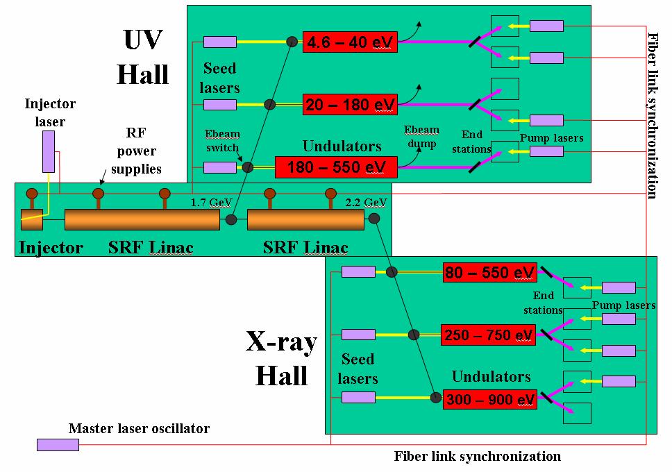 WiFEL Schematic All FELs operate simultaneously at repetition rate up to ~1 MHz each CW SRF driven facility can have many FELs.