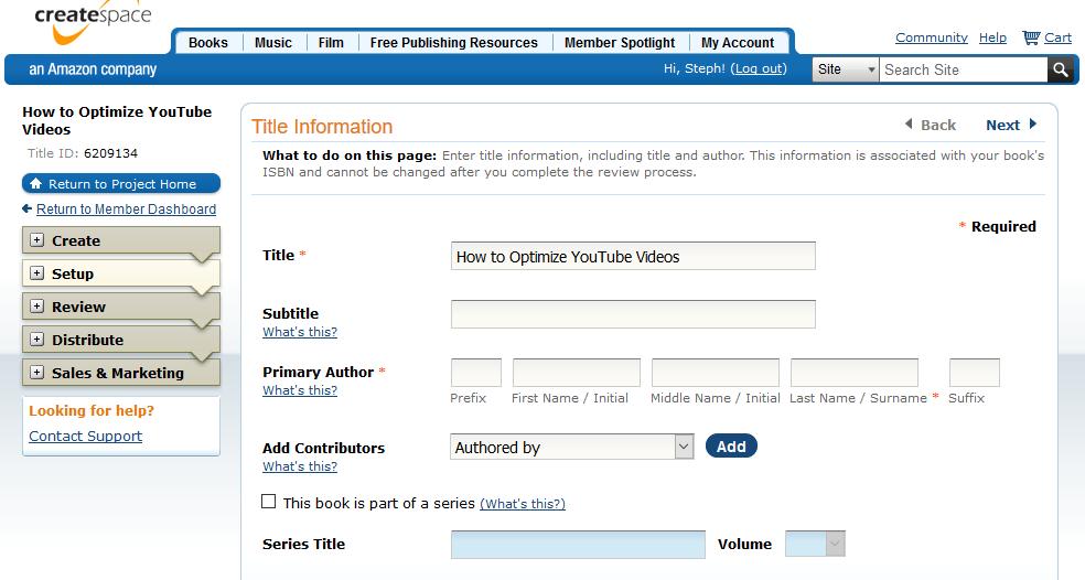 Step 1 Title Information When you start to create a new book on CreateSpace, the first page you come to after creating a new title is the Title Information page.