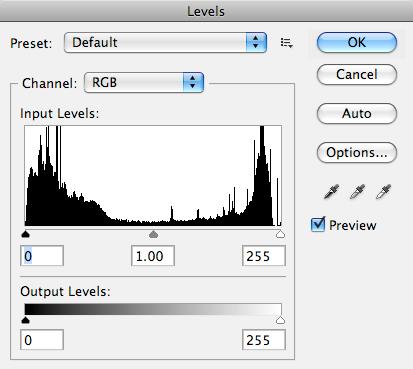 Figure 30. Levels dialog box 3. Make sure the Preview box is checked off. Choose the channel you wish to change and drag the triangles.