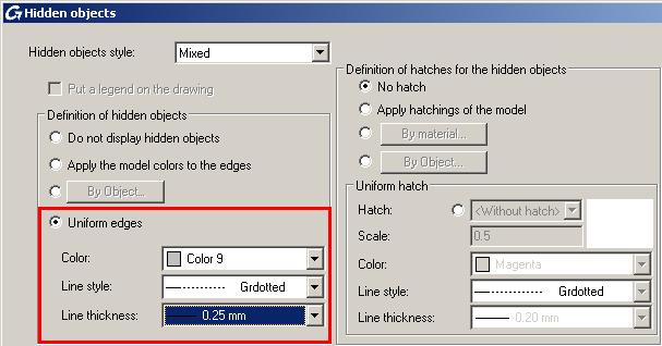 7. In the "Visible objects" dialog box, define the edge style for the visible objects. In the "Definition of the cut visible edges" area, select a line thickness of 0.50 mm.