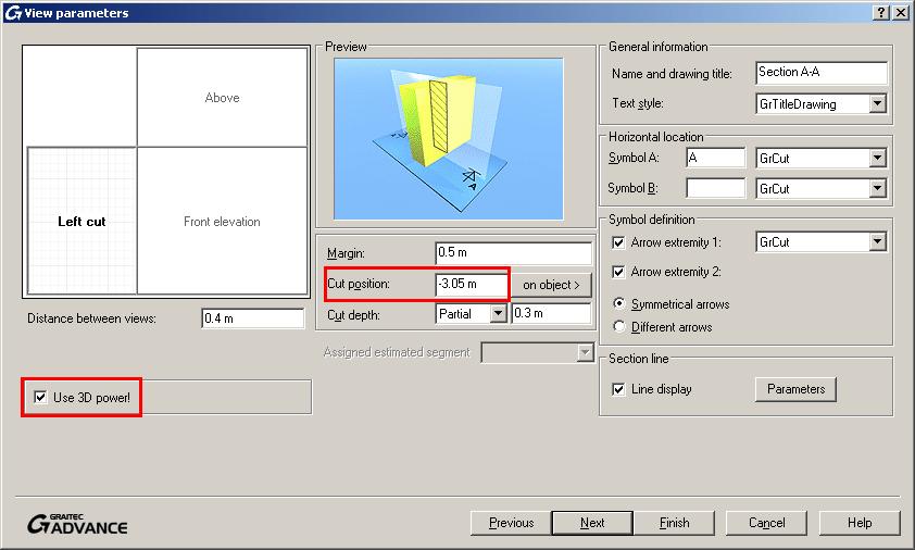 6. Using the mouse, place the cut line on the Top view, in the first half of the beam (see Figure 303). The cut position is displayed in the Cut position field in the View parameters dialog box.
