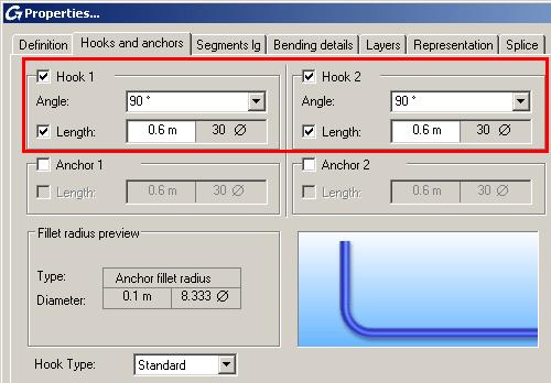 Figure 328: Properties dialog box Definition tab On the Hooks and anchors tab: Unselect the Anchor options. Select both Hook 1 and Hook 2 to add hooks at both bar extremities.