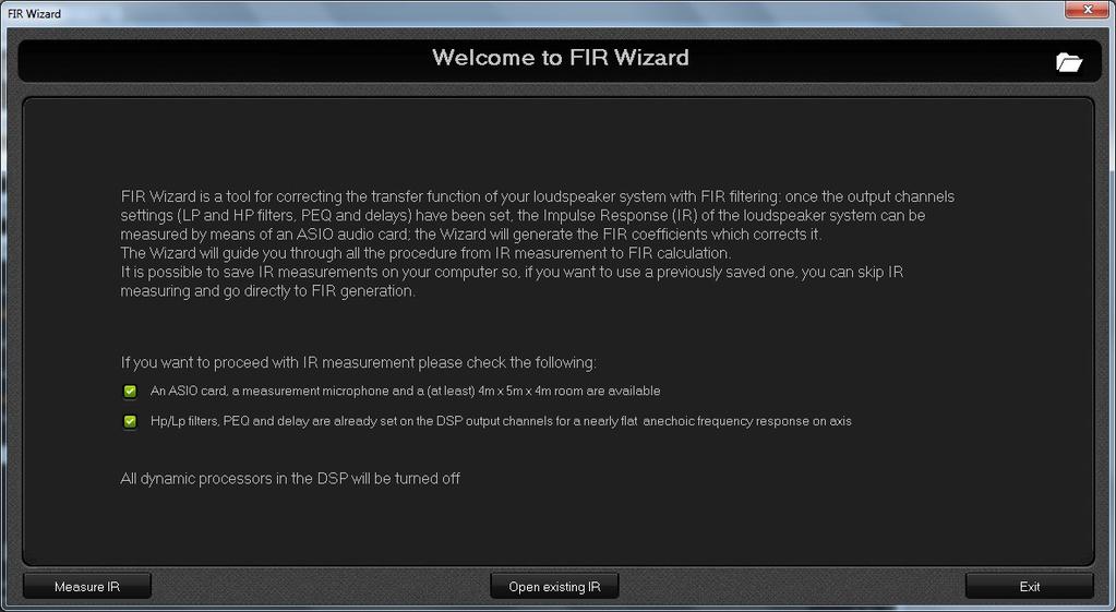 Starting Up The image below shows the home page of the FIR Wizard.