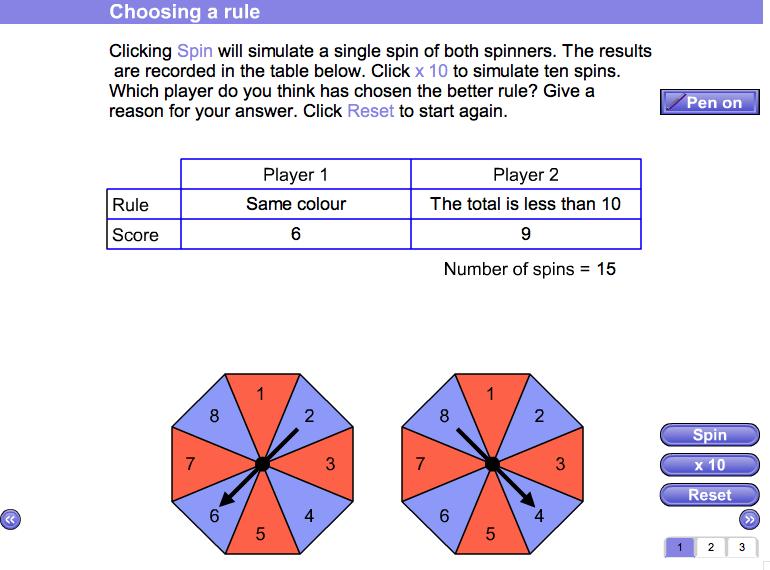 Main Whiteboard and Screen information Screen 1: Choosing a rule Two eight-sided spinners, numbered one to eight are shown together with eight rules for how to score points when they are spun.