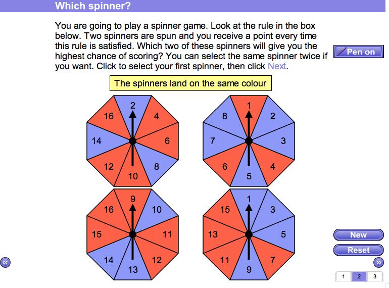 Screen 2: Which spinner? Four eight-sided spinners, numbered and coloured in different ways are shown together with a rule for how to score points when they are spun (there are many rules).