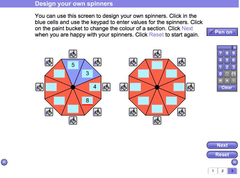 Screen 3: Design you own spinners Here you can number (1-99) and colour (two choices) your own two spinners which you can then spin.
