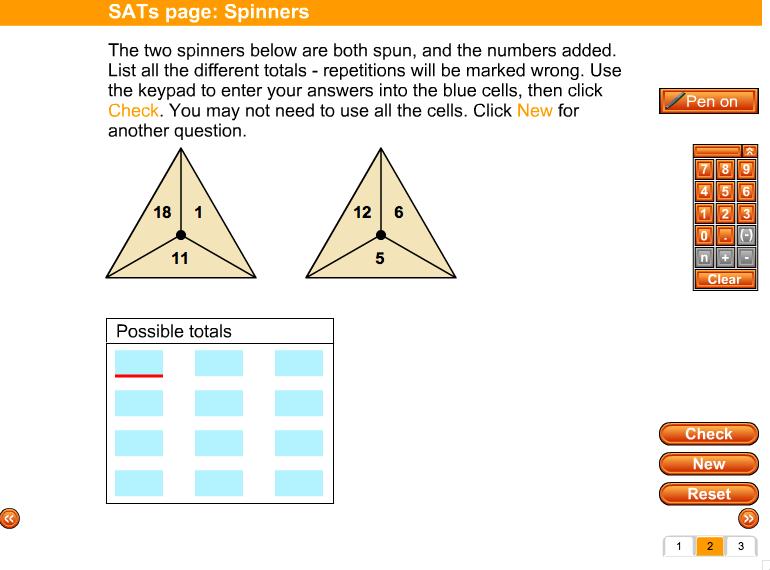 Screen 2: SATs page: Spinners Three questions types are given. The first asks you to paint an eight-sided spinner so that the probability of an arrow landing on a painted part is a given percentage.