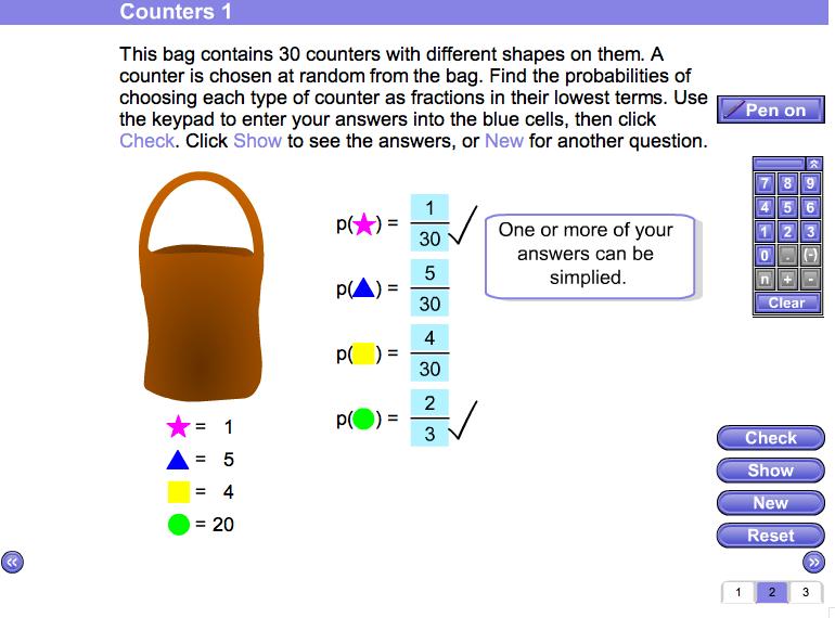 Screen 2: Counters 1 A bag is shown and you are told that it contains a given number of counters that have different shapes on them.