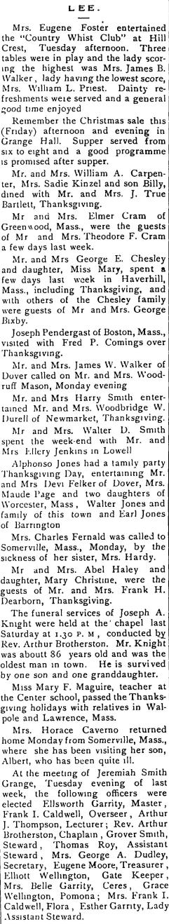 December 8, 1916 Mrs. Eugene Foster entertained the Country Whist Club at Hill Crest, Tuesday afternoon. Three tables were in play and the lady scoring the highest was Mrs. James B.