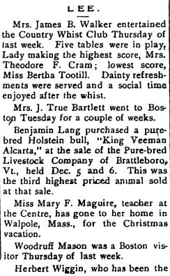 December 22, 1916 Mrs. James B. Walker entertained the Country Whist Club Thursday of last week. Five tables were in play, Lady making the highest score, Mrs. Theodore F.