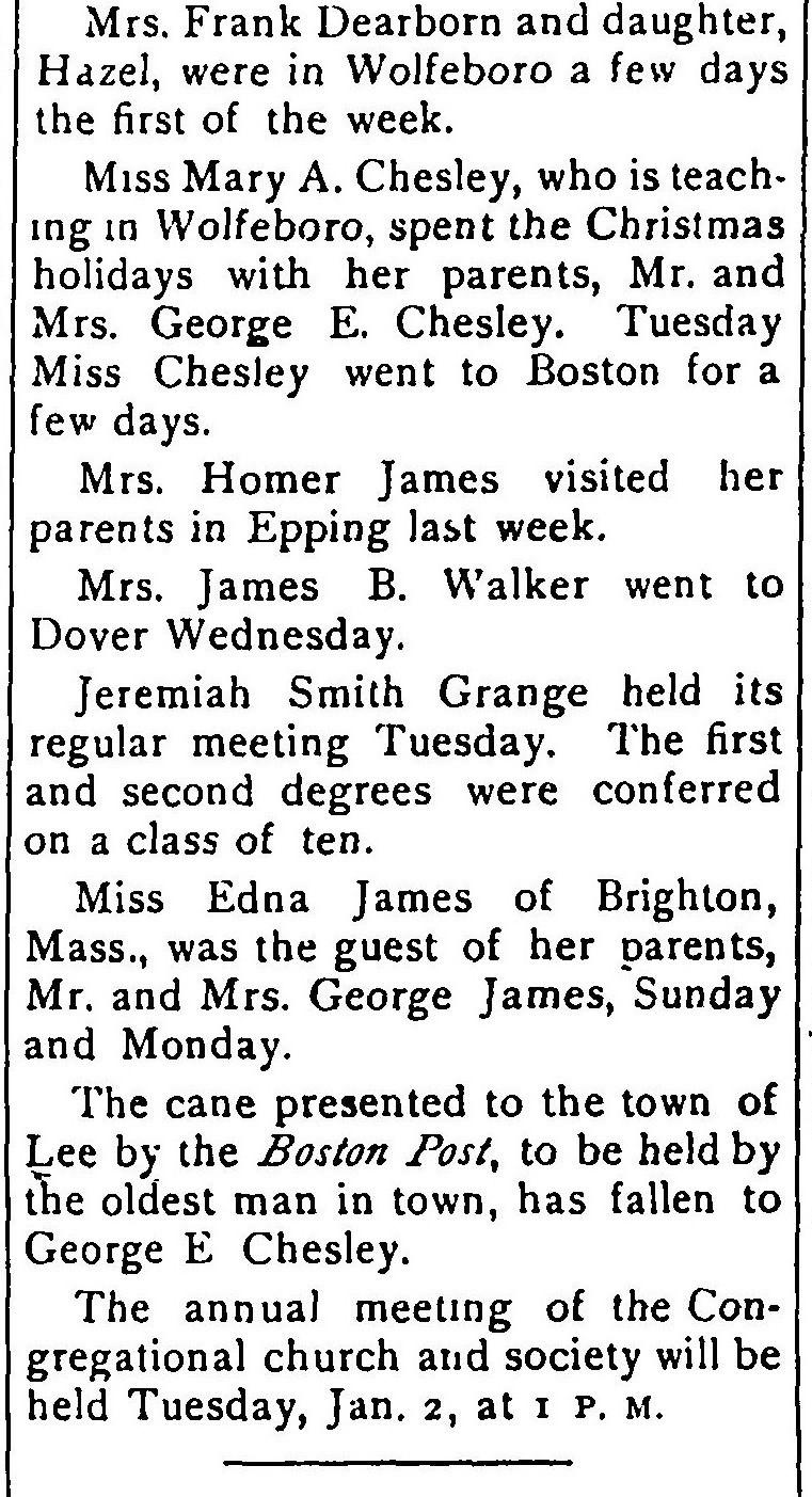 December 29, 1916 cont. Mrs. Frank Dearborn and daughter, Hazel, were in Wolfeboro a few days the first of the week. Miss Mary A.