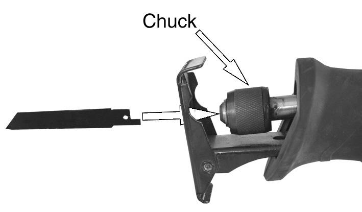 Twist the chuck counterclockwise and hold in position. 2. Insert the saw blade as far as possible with the teeth pointing downward. 3. Release the chuck to close it.