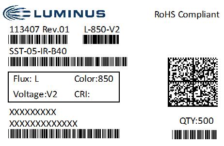 Quality, Product parameters Reel Label Luminus Internal Part Number