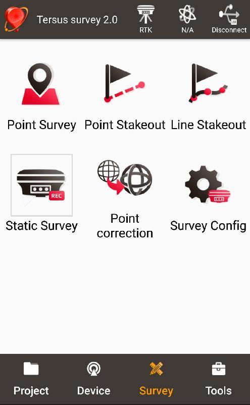 4. Create communication between the David and the Android phone with cables, refer to section 3.3.1. Software Configure 5. In Tersus Survey Nuwa, go to Survey->Static Survey 6.