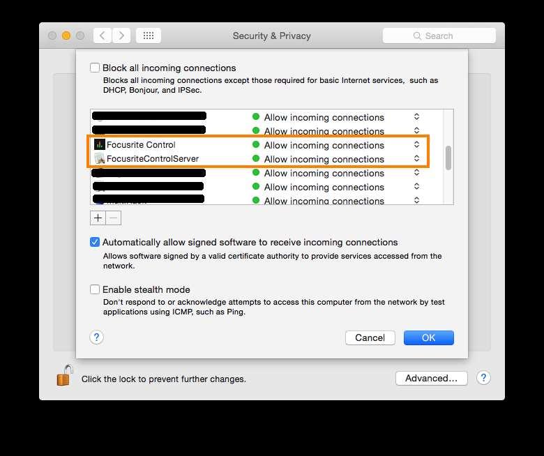 Configure Mac Firewall - Open System Preferences - Go to 'Security and Privacy' and navigate to the 'Firewall' tab - Click 'Firewall options' (Note: if this is greyed out, click the Lock symbol in