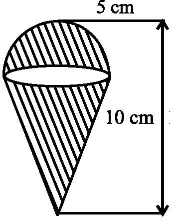 14. An ice cream cone full of ice cream having radius 5 cm and height 10 cm as shown in the below figure. Calculate the volume of ice cream, provided that its 1 6 part is left unfilled with ice cream.