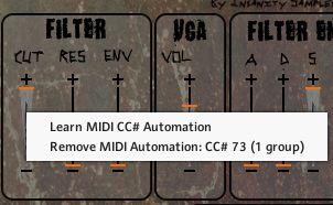 Here is a picture of the cut off fader being assigned to a CC on a midi controller.