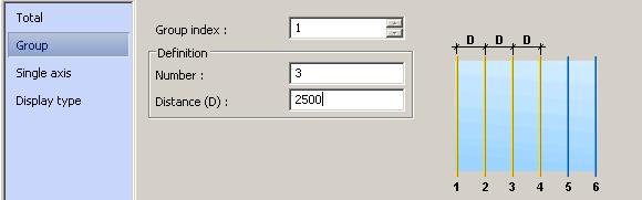To modify the number of axes: 1. Click the Group tab. 2. Set the Number to 3. Note that the distance value is automatically calculated. The new value should be 2500.