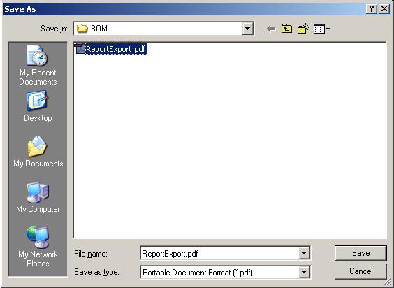 9. Save the created BOM file. A file name is requested in a new window. The BOM file is saved as a Report in the folder.