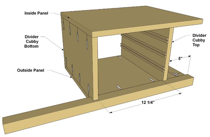 Step 16: Cut one Divider Cubby Top and one Divider Cubby Bottom to size from 3/4" plywood, as shown in the cutting diagram. Using a jigsaw, notch out one corner on each of these pieces, as shown.