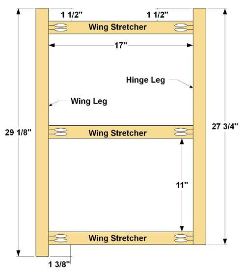 Step 22: Cut two Wing Legs and two Hinge Legs to length from 2x2 boards, as shown in the cutting diagram. Then cut six Wing Stretchers from 1x2 boards, as shown in the cutting diagram.