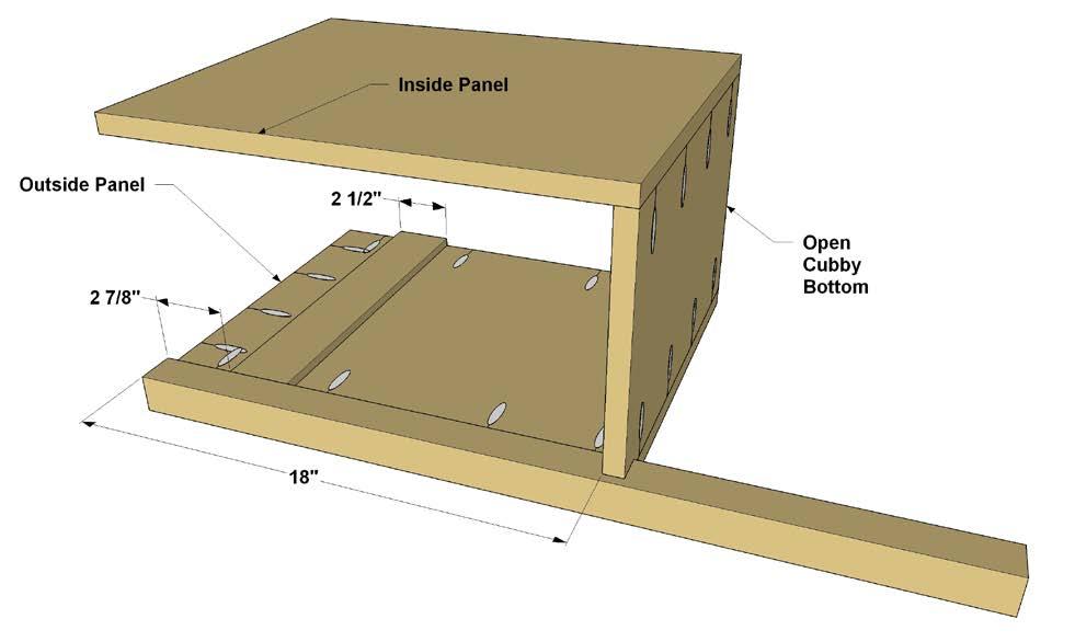 Step 15: Attach the Open Cubby Bottom to the Left-hand leg assembly using 1 1/4" coarse-thread pocket hole screws as shown.