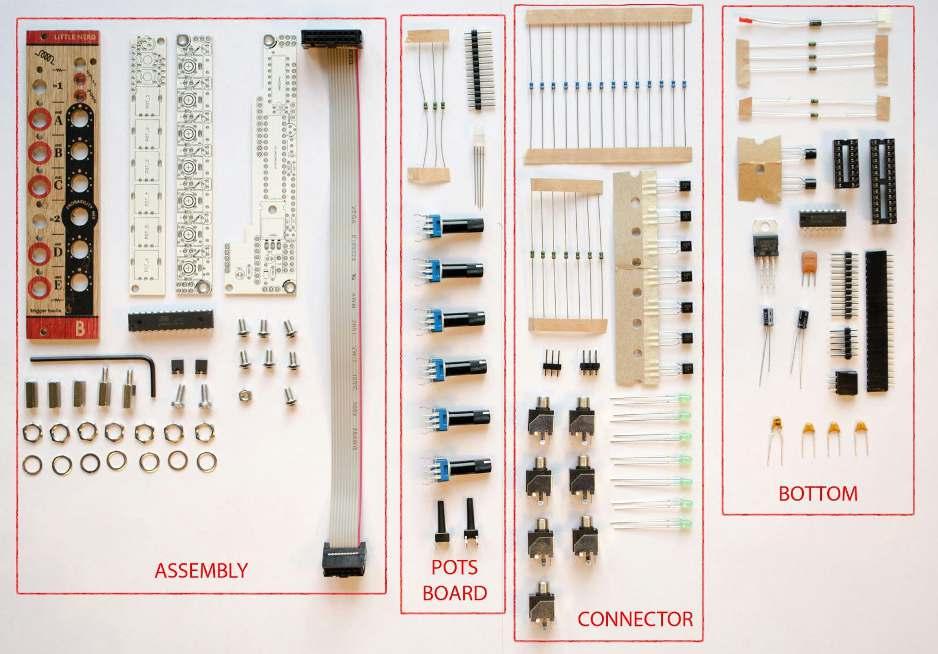 The Little Nerd module consists of three boards. All the parts comes in four bags separated for Bottom board, Connector board, Pots board and Assembly parts.