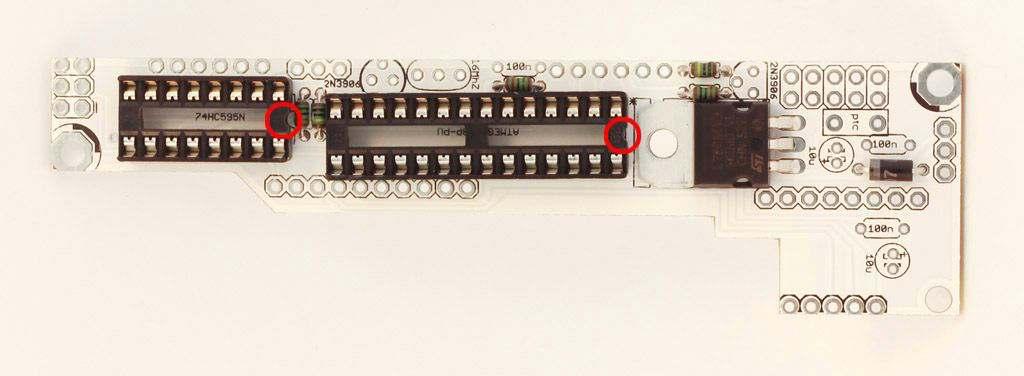 Then solder two IC sockets (1x 14 pin, 1x 28 pin). Make sure that the notch on the socket matches the print on the board.