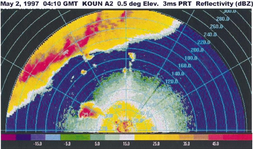 422 JOURNAL OF ATMOSPHERIC AND OCEANIC TECHNOLOGY VOLUME 19 FIG. 7. Reflectivity field at 0410 UTC 2 May 1997 recorded by the WSR-88D processor during a 0.5 elevation scan using long PRT of 3 ms.