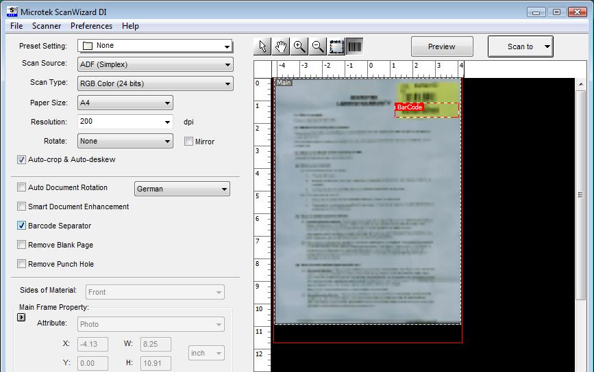 Select Frame tool Scanning settings Scan frame (enclosed by dotted lines and labeled with the tag Main ) Image type Image correction settings