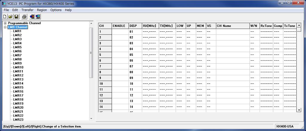 Programmable Selection LMR and EXP Folders Important Note: 1) The channel data of the LMR CH Window is used for the Land Mobile Radio operation, and the channel data of the EXP CH Window is used for