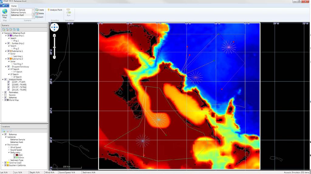 place and the time of year and then load the needed environmental parameters (bathymetry, sediment types, sound speed profiles, and wind velocity).