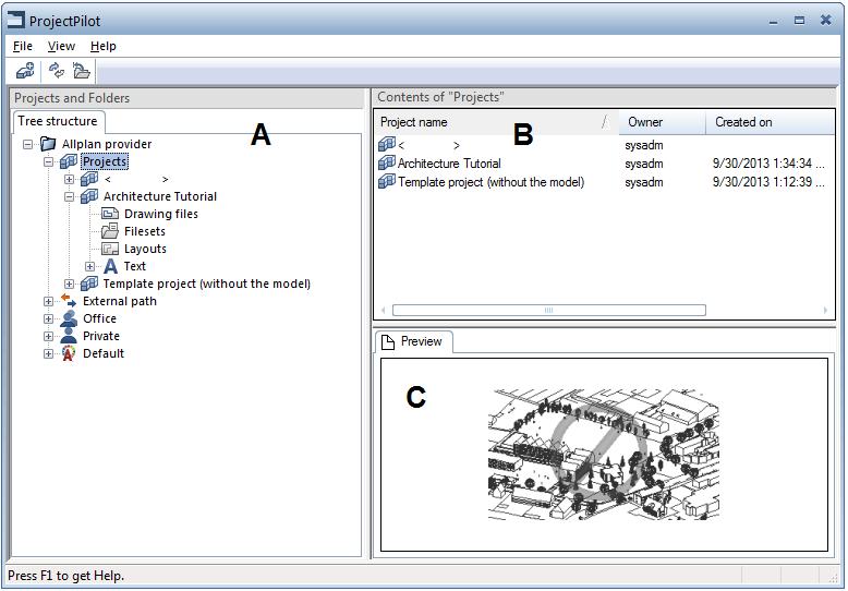 294 Project organization Allplan 2015 User interface Left window (A) The left window shows the projects and folders in a tree structure. The current project is selected and open.