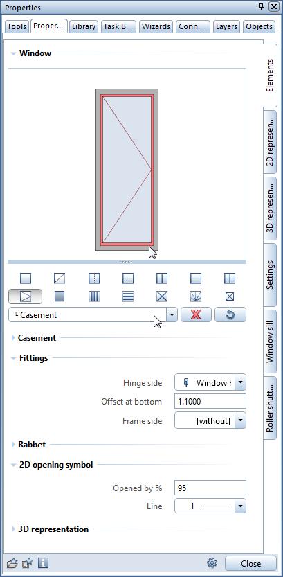 Architecture Tutorial Unit 2: Building Design 117 4 The Properties palette of the SmartParts opens. To adjust the height of the window handle, click the casement in the preview.