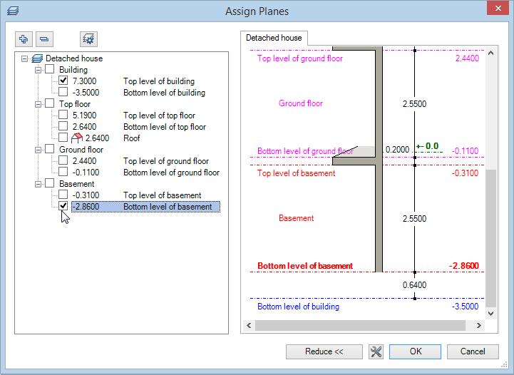 122 Chimney Allplan 2017 4 The Assign planes dialog box opens. Select Top level of building (7.30 m) for Default upper plane and Bottom level of basement (-2.86 m) for Default lower plane.