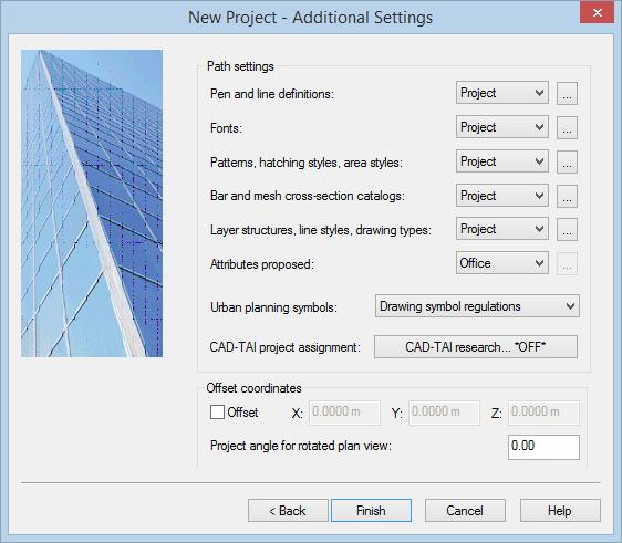 450 Creating the training project Allplan 2017 4 New Project Additional Settings Check that all path settings (except Attributes proposed) are set to Project. Then click Finish to confirm.
