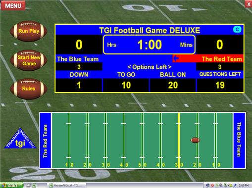 Main Game Screen: When you press the START NEW GAME button, the crowd cheers as the coin toss takes place and the QB welcomes