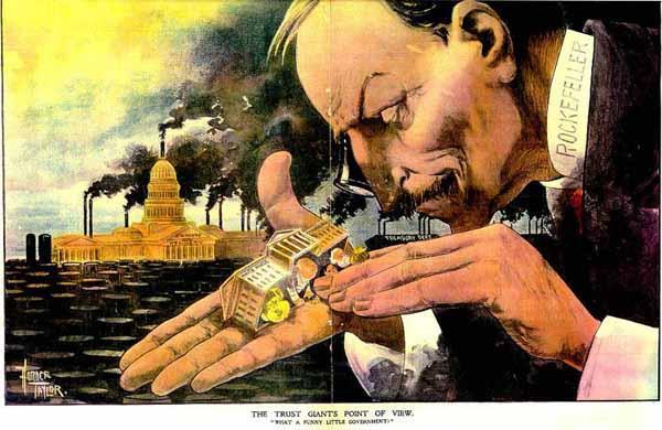 Document 6: http://www.mrrena.com/images/rock.jpg 1) Who is the man in this cartoon? JOHN D. ROCKEFELLER 2) What industry did he control? OIL 3) What is made to look like a factory in the background?