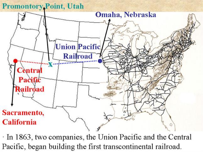 The companies were the Central Pacific which began in Sacramento, CA and the Union Pacific which began in Omaha, NE. They were each given $48,000 and 6,400 acres of land per mile of track built.