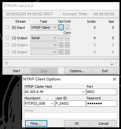 the Opt button for NTRIP, and fill all the five fields for NTRIP client