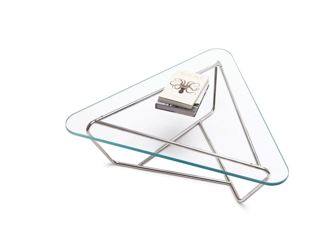 PRISM The Prism coffee table has a geometrically configured base made from a stainless steel tubular frame forming an intersecting triangular pattern.